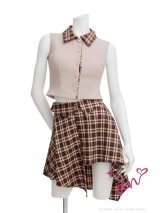 XSサイズあり【an/アン】チェック柄/ アシンメトリー/ ノースリーブ/ パールボタン/ シャツ/ 襟付き/ セットアップ/ フレア/ ミニドレス/ キャバドレス[OF05]