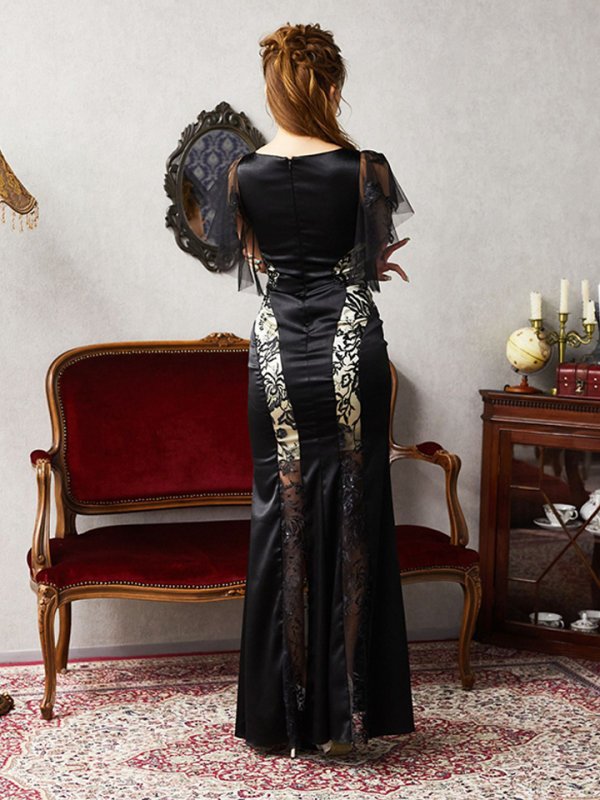 画像4: XLサイズあり【Luxe Style/リュクススタイル】ビジュー/シアー/ サテン/ レーススリーブ/ロングドレス/ キャバドレス long【HC03】