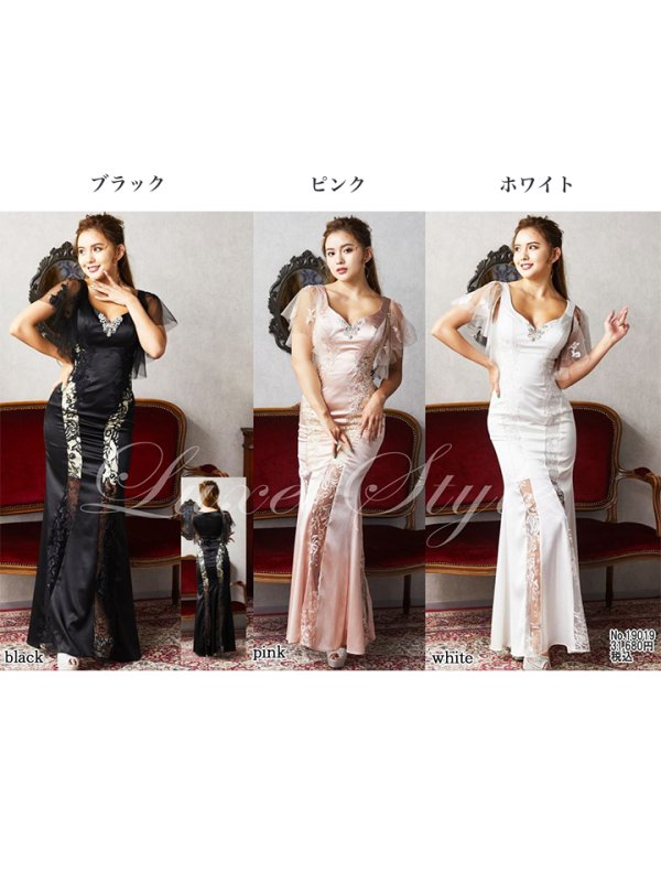 画像6: XLサイズあり【Luxe Style/リュクススタイル】ビジュー/シアー/ サテン/ レーススリーブ/ロングドレス/ キャバドレス long【HC03】