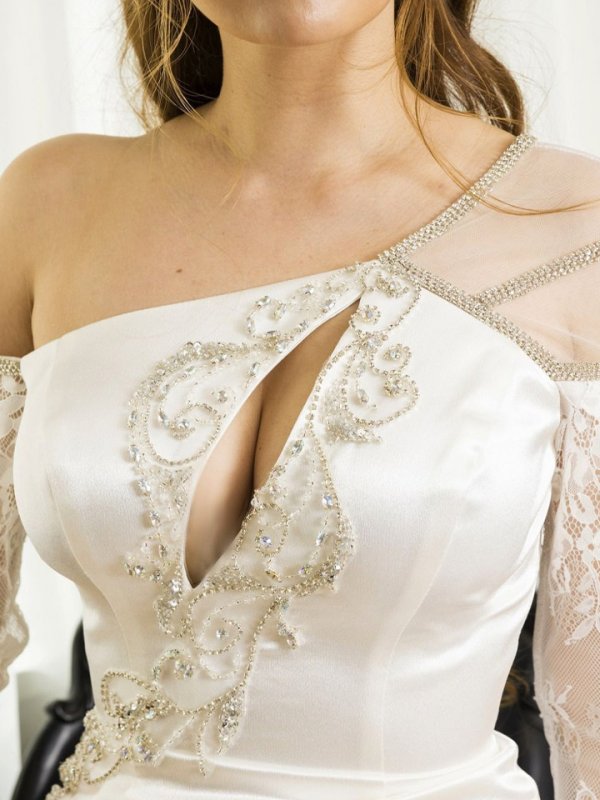 画像6: S-Lサイズあり【Luxe Style/リュクススタイル】ワンカラー/ ワンショル/ 七分袖/ 長袖/ 袖あり/ カットアウト/ スリット/ ロングドレス/ キャバドレス long【HC03】