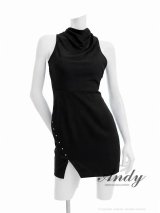即日発送【ANDY/アンディ】プチハイネック/ ホルターネック/ ビジュー/ スリット/ 無地/ リボン/ アシンメトリー/ タイト/ ミニドレス/ キャバドレス[OF05]