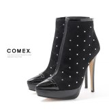 【COMEX】 1color/ 13cmヒール/ キルティング/ ラインストーン/ ピンヒール/ ポインテッドトゥ/ ブラック/ スエード/ ブーツ[OF02JH]