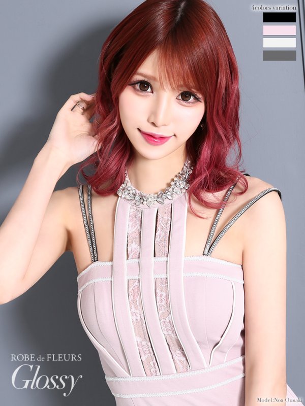 【ROBE de FLEURS Glossy/ローブ・ド・フルール グロッシー】ホルターネック/ ストレッチ/ タイト/ ミニドレス/ キャバドレス　ダスティーピンク