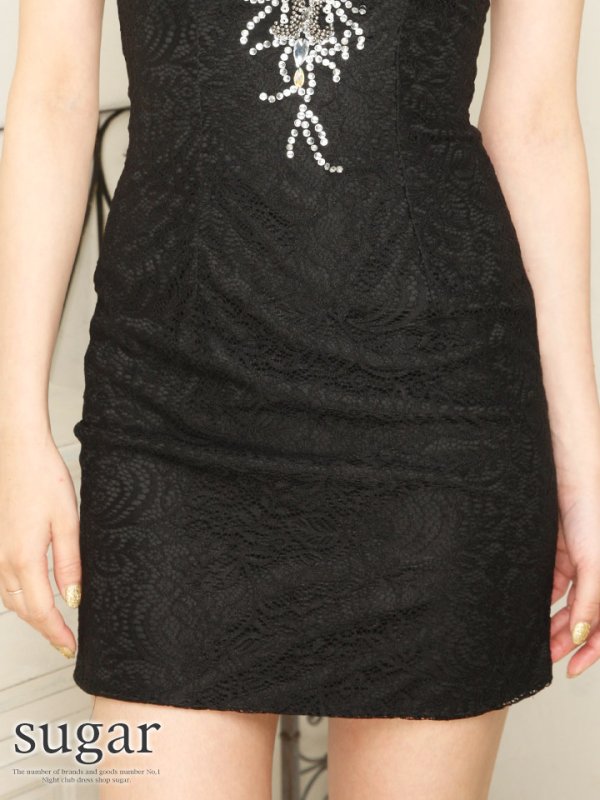 画像3: 【Lip line/リップライン】上品フルレース♪胸元に煌めくビジューとメッシュからの透け感で魅せて♪☆ノースリーブ デザイン：ミニ【ノースリーブ】ミニワンピキャバドレス[HC03]