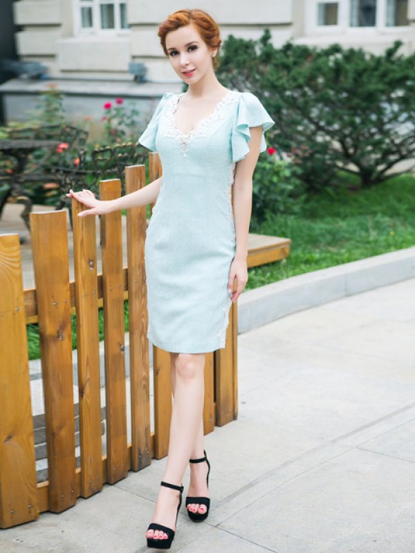 画像4: S-XLサイズあり【ERUKEI / Glitter】フレアスリーブ/Vネック/タイト/ミニドレス /キャバドレス[OF2]