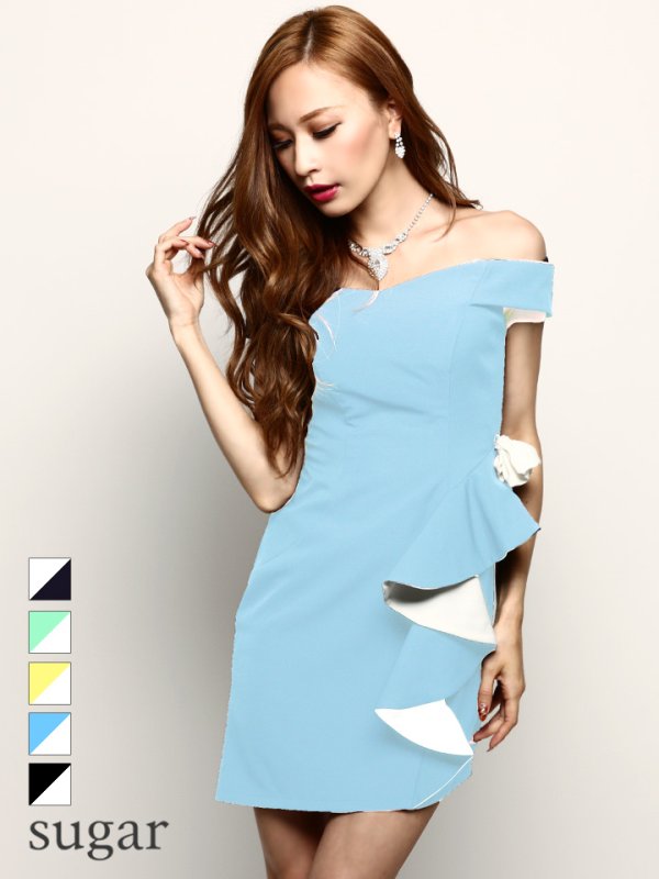 画像4: 【Lip line/リップライン】オフショル風/バイカラーフリル/アシメライン/ミニドレス /キャバドレス[HC03]