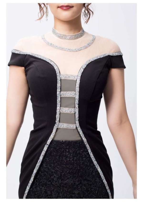 画像4: L/XLサイズあり【Luxe Style/リュクススタイル】デコルテ&バックシアー/ハイネック/ショートinロング/キャバドレス