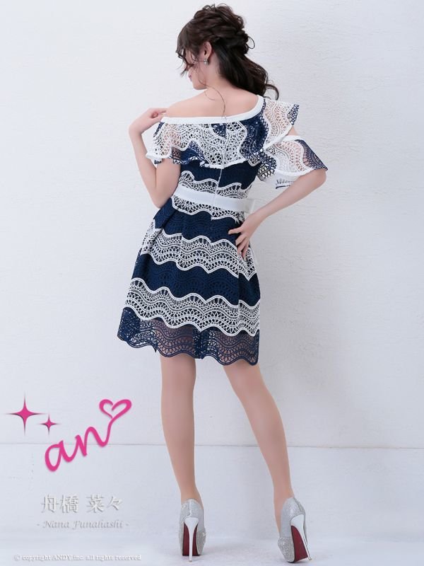 画像4: 【an】ボーダーレース/ ウエストリボン/ フレア/ キャバドレス[OF05]