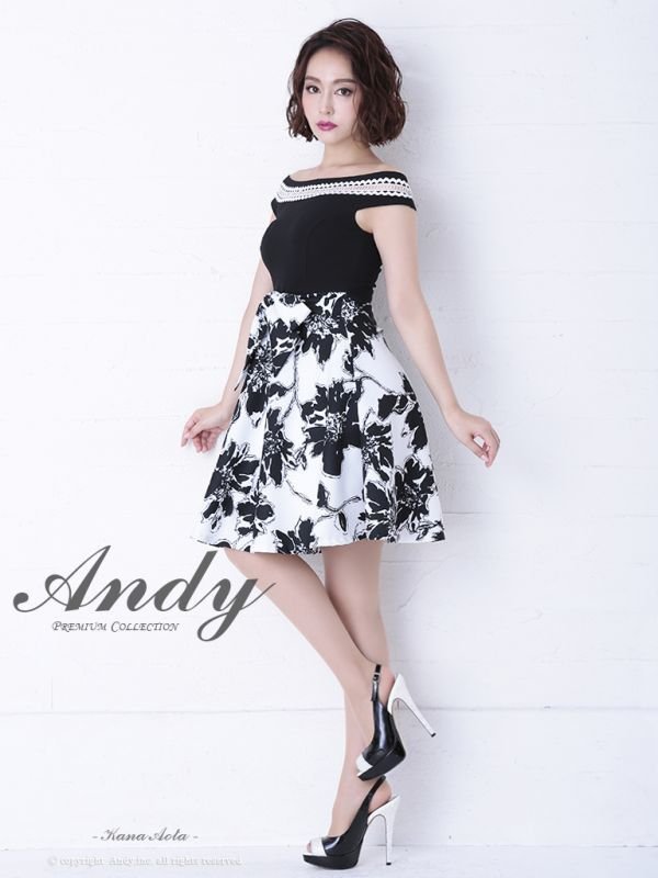 【ANDY】フラワープリント/ オフショル/ モノトーンカラー/ フレアミニ/ キャバドレス[OF05]