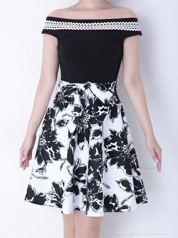 画像8: 【ANDY】フラワープリント/ オフショル/ モノトーンカラー/ フレアミニ/ キャバドレス[OF05]
