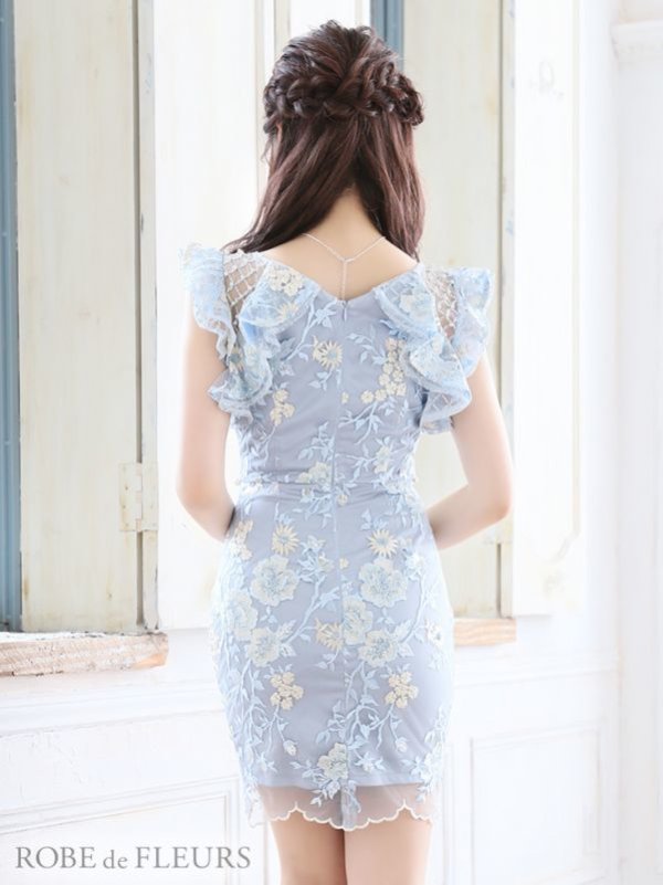 画像3: 即日発送!! XSサイズあり【ROBE de FLEURS/ローブドフルール】スパンコール刺繍/ レース/ フリルスリーブ/ タイトミニ/ キャバドレス[OF08]