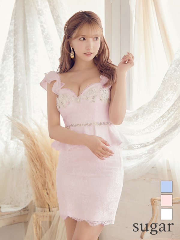 画像1: Lサイズあり【ROBE de FLEURS/ローブドフルール】立体フラワーモチーフ/ ペプラム/ タイト/ ミニドレス/ キャバドレス[OF2]