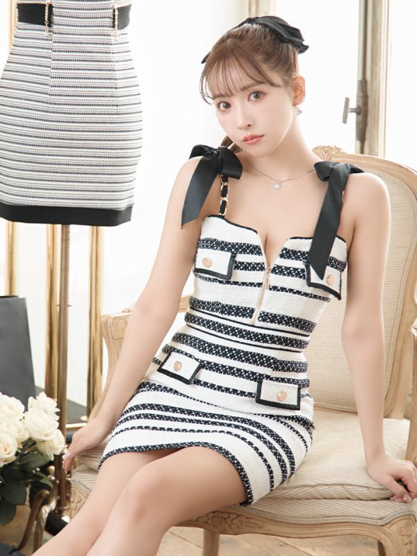 画像3: XSサイズあり【an /アン】 ボーダー/ ショルダーリボン/ チェーン/ フロントジップ/ タイト/ ミニドレス/ キャバドレス[OF05]