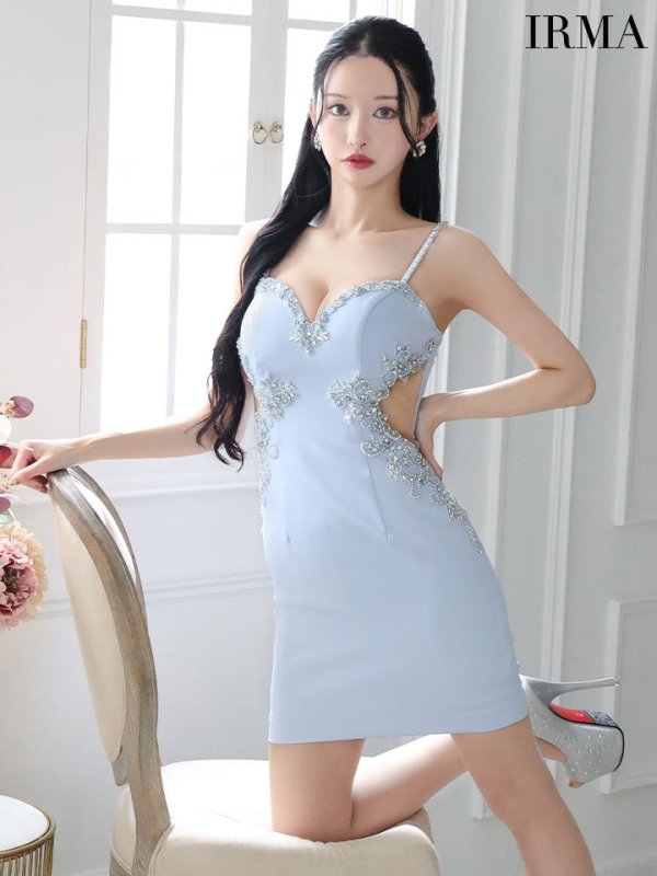 画像1: XSサイズあり【IRMA/イルマ】ビジュー刺繍/ サイドシアー/ キャミソール/ ストレッチ/ タイト/ ミニドレス/ キャバドレス[OF2A]