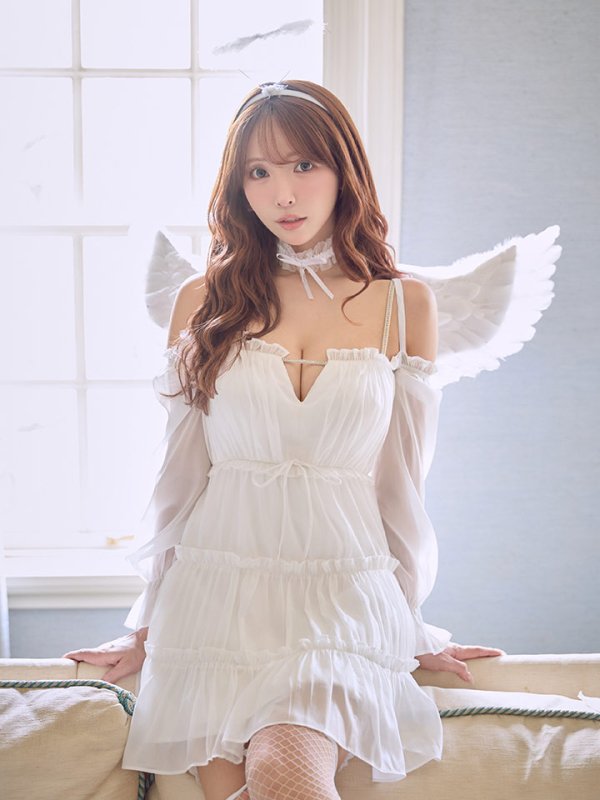 画像1: 訳あり商品☆チョーカーなし汚れあり☆【ハロウィン】シフォンスウィートエンジェルミニドレス【コスプレ5点SET】【XS-Lサイズ】[OF03]三上悠亜着用