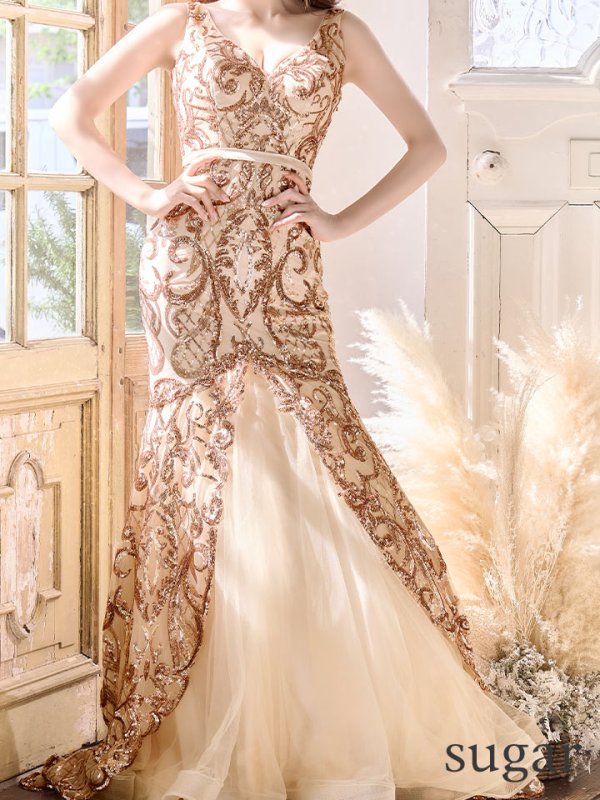 画像8: Lサイズあり【JEAN MACLEAN/ジャンマクレーン】スパンコール刺繍/マーメイド/チュール/ ロング/ キャバドレス long[OF2A]