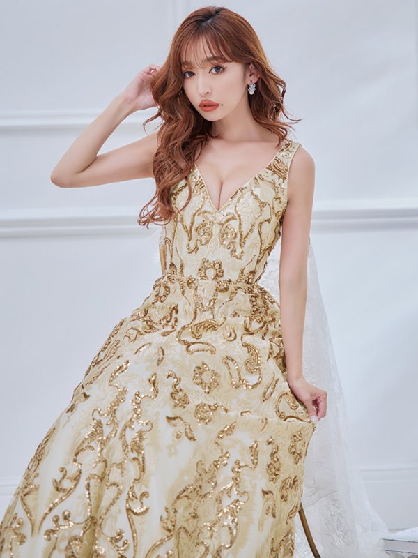 画像5: Lサイズあり【JEAN MACLEAN/ジャンマクレーン】スパンコール刺繍/ Aライン/ フレア/ ロング/ キャバドレス long[OF2A]