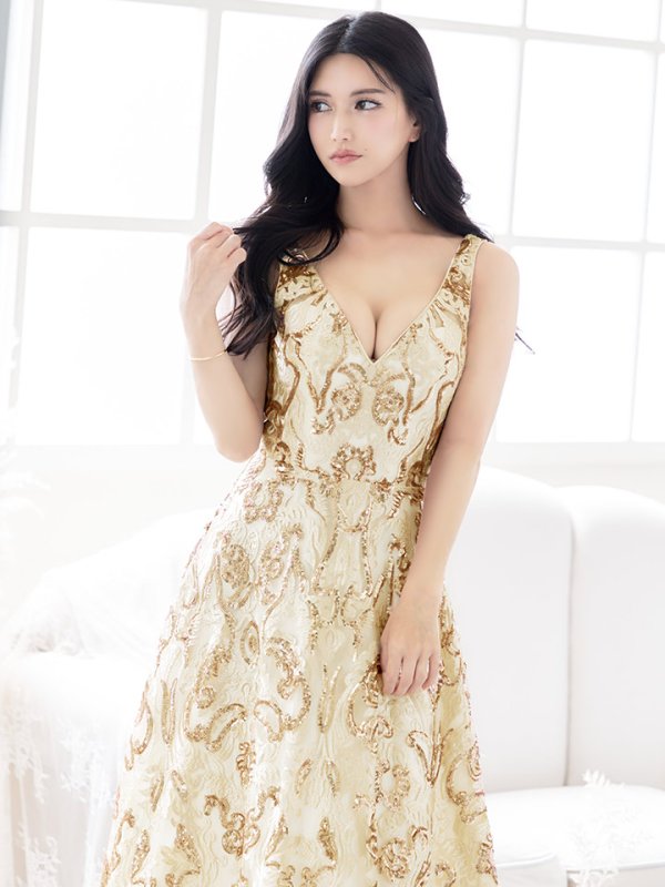 画像15: Lサイズあり【JEAN MACLEAN/ジャンマクレーン】スパンコール刺繍/ Aライン/ フレア/ ロング/ キャバドレス long[OF2A]