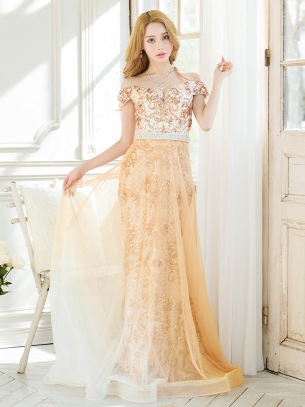 画像3: Lサイズあり【JEAN MACLEAN/ジャンマクレーン】オフショル/ ラメ/ スパンコールレース/ プリンセス/ チュール/ ロング/ キャバドレス long[OF2A]