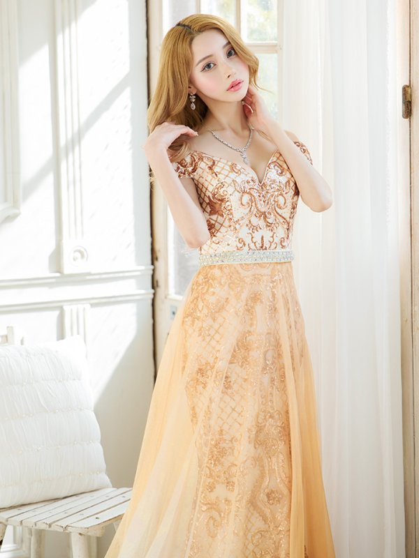 画像5: Lサイズあり【JEAN MACLEAN/ジャンマクレーン】オフショル/ ラメ/ スパンコールレース/ プリンセス/ チュール/ ロング/ キャバドレス long[OF2A]