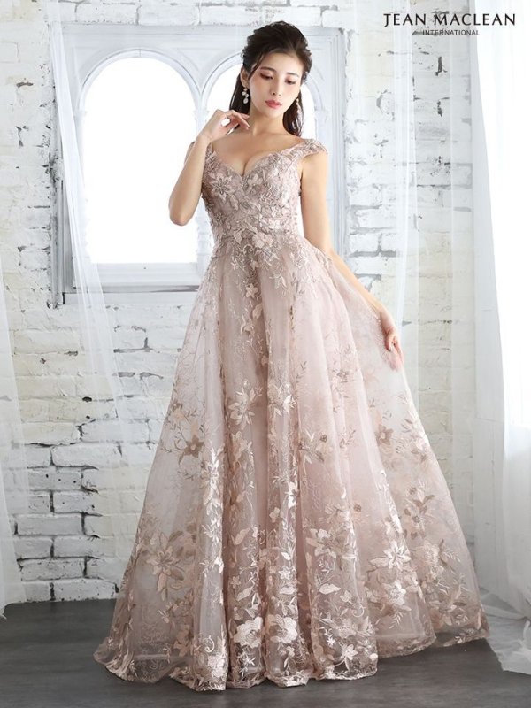 Lサイズあり【JEAN MACLEAN/ジャンマクレーン】フラワー刺繍レース/ Aライン/ フレア/ ロング/ キャバドレス long ピンクベージュ