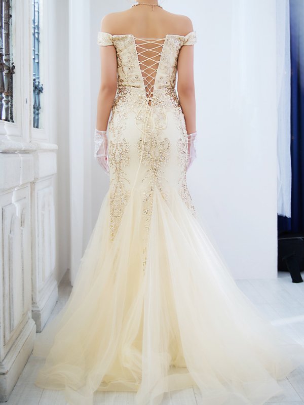 画像8: 【関西コレクション着用】Lサイズあり【JEAN MACLEAN/ジャンマクレーン】マーメイド/ 刺繍レース/ オフショル/ スピンドル/ ロング/ キャバドレス long[OF2A]