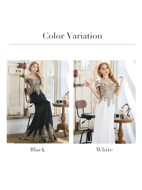 画像20: Lサイズあり【JEAN MACLEAN/ジャンマクレーン】ワンカラー/ デザイン刺繍/ オフショル/ スピンドル/ マーメイド/ ロング/ キャバドレス long[OF2A]