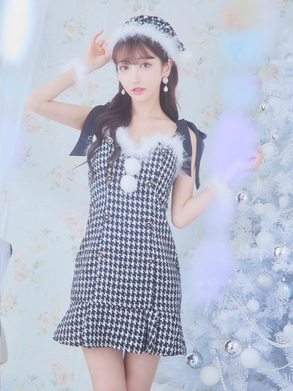 画像3: SALE!【サンタコス 4点セット】【S-Lサイズ/2カラー】肩リボンブラック千鳥タイトサンタコスプレ[YMT]