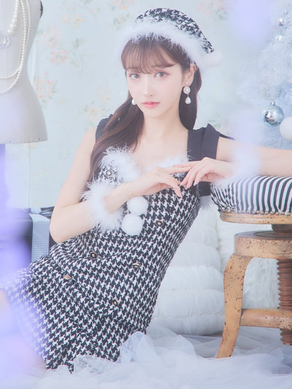 画像8: SALE!【サンタコス 4点セット】【S-Lサイズ/2カラー】肩リボンブラック千鳥タイトサンタコスプレ[YMT]