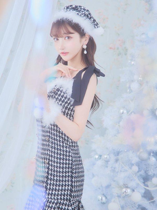 画像10: SALE!【サンタコス 4点セット】【S-Lサイズ/2カラー】肩リボンブラック千鳥タイトサンタコスプレ[YMT]