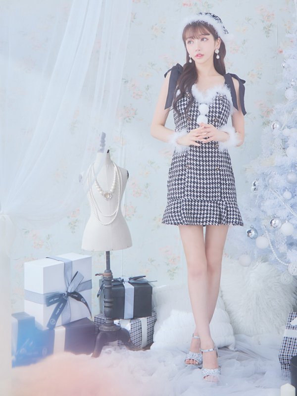 画像14: SALE!【サンタコス 4点セット】【S-Lサイズ/2カラー】肩リボンブラック千鳥タイトサンタコスプレ[YMT]