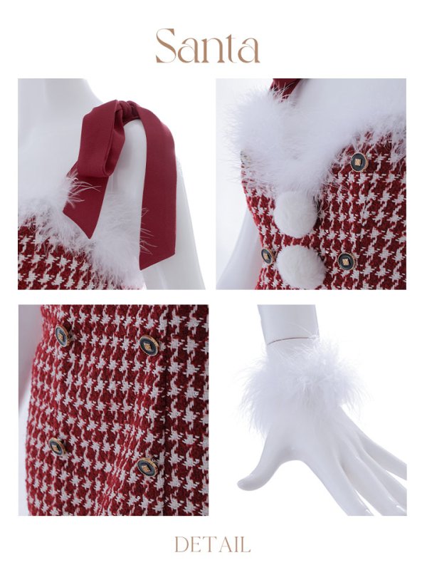 画像24: SALE!【サンタコス 4点セット】【S-Lサイズ/2カラー】肩リボンブラック千鳥タイトサンタコスプレ[YMT]