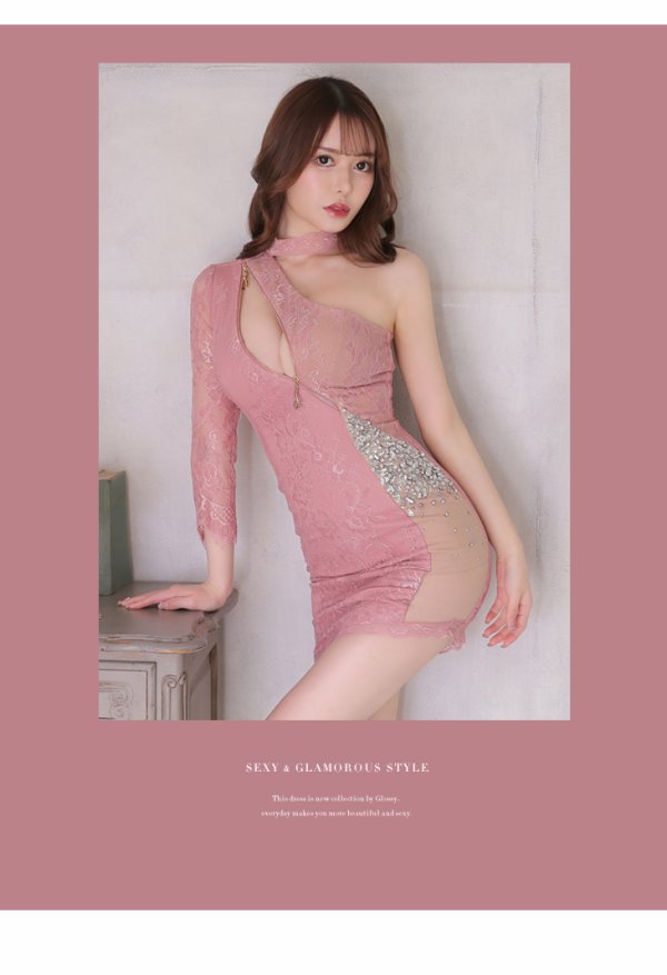 画像3: 【ROBE de FLEURS Glossy/ローブ・ド・フルール グロッシー】片サイドビジュー/ チュール切替/ ジップ/ ZIP タイト/ ミニドレス/ キャバドレス[OF2]