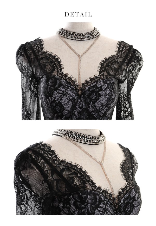 画像16: XSサイズあり【Glossy/グロッシー】チョーカー付き / レース/ 七分袖 / 長袖 / タイト / ミニドレス / キャバドレス【OF08】