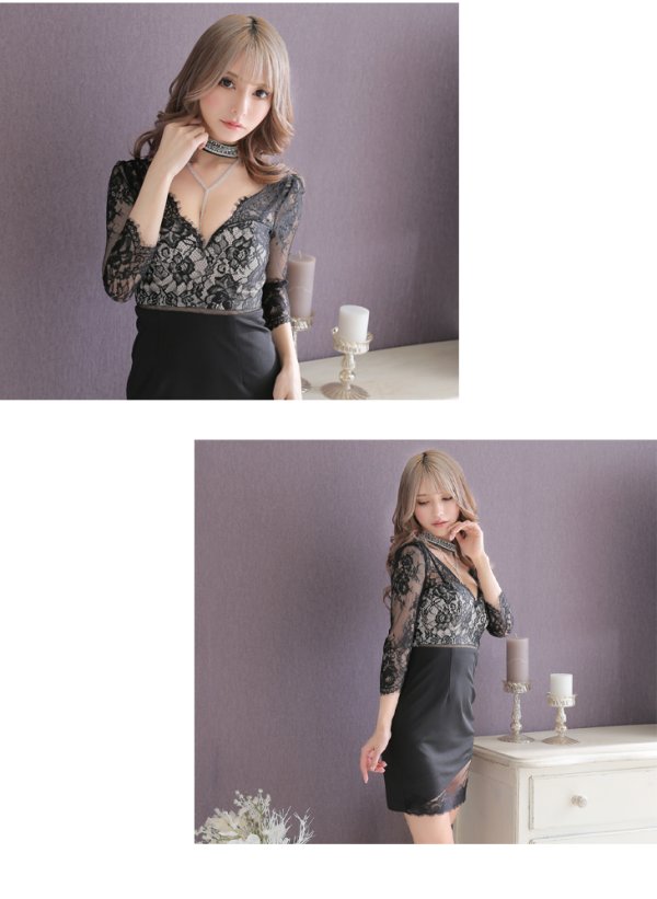 画像5: XSサイズあり【Glossy/グロッシー】チョーカー付き / レース/ 七分袖 / 長袖 / タイト / ミニドレス / キャバドレス【OF08】