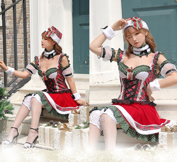 画像7: 【即日発送】【クリスマスコスプレ7点セット】【Malymoon/マリームーン】ドットチェックサンタクロース【フリーサイズ/1カラー】[YMT]