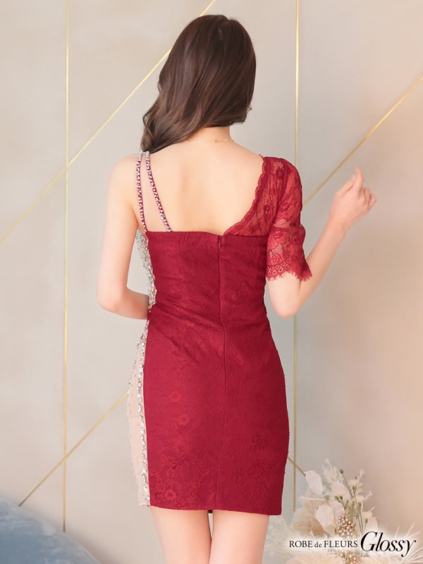 画像5: 【Glossy/グロッシー】ビジューチュール/ レーススリーブ/ 七分袖/ 長袖/ ワンショル/ タイト/ ミニドレス/ キャバドレス【OF08】