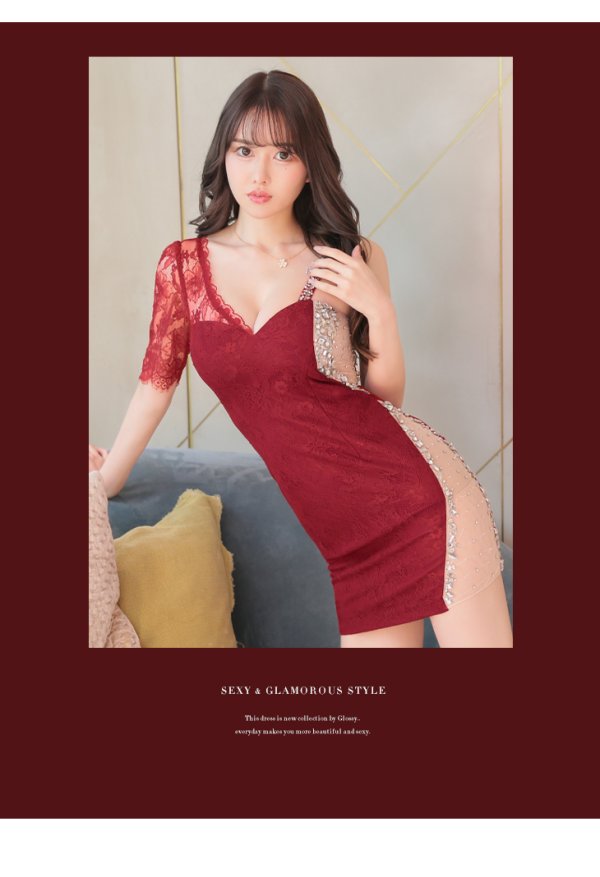 画像2: 【ROBE de FLEURS Glossy/ローブ・ド・フルール グロッシー】ビジューチュール/ レーススリーブ/ 七分袖/ 長袖/ ワンショル/ タイト/ ミニドレス/ キャバドレス[OF2]