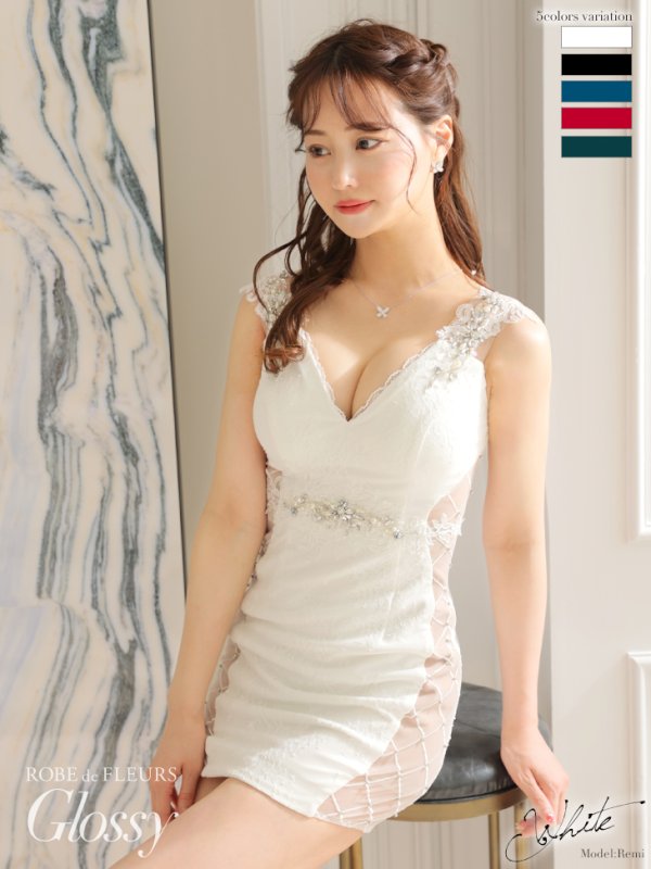 画像6: XSサイズあり【Glossy/グロッシー】ブロックチュール/ ビジュー/ レース/ タイト/ ミニドレス/ キャバドレス【OF08】