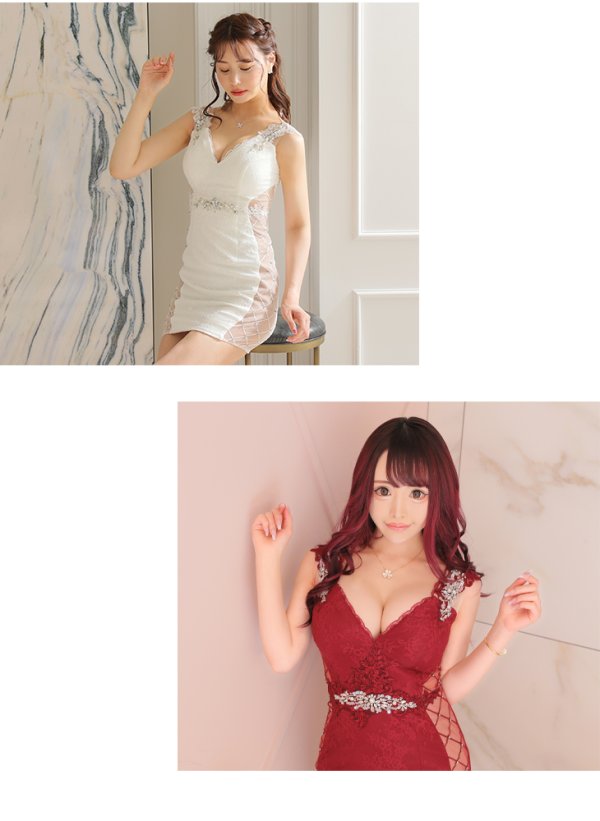 画像5: XSサイズあり【Glossy/グロッシー】ブロックチュール/ ビジュー/ レース/ タイト/ ミニドレス/ キャバドレス【OF08】