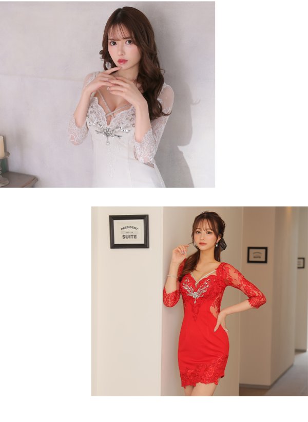 画像4: XS-Lサイズあり【Glossy/グロッシー】レーススリーブ/ 七分袖/ 長袖/ バストクロスデザイン/ ストレッチ/ タイト/ ミニドレス/ キャバドレス【OF08】