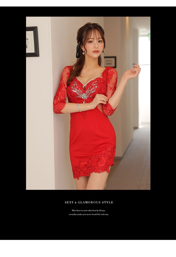 画像7: XS-Lサイズあり【Glossy/グロッシー】レーススリーブ/ 七分袖/ 長袖/ バストクロスデザイン/ ストレッチ/ タイト/ ミニドレス/ キャバドレス【OF08】