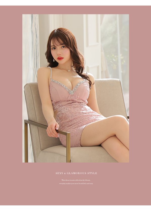 画像4: XSサイズあり【Glossy/グロッシー】ビジュー/ 刺繍/ サイドシアー/ キャミ/ タイト/ ミニドレス/ キャバドレス【OF08】
