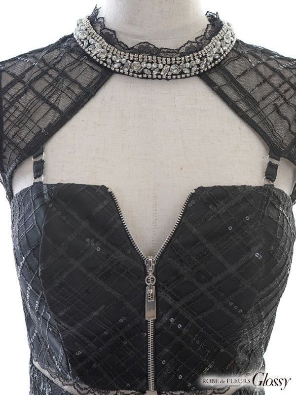 画像9: XSサイズあり【Glossy/グロッシー】リボンラインスリーブ/ 袖付き/ スタッズ/ フロントジップ/ フレア/ ミニドレス/ キャバドレス[OF08]