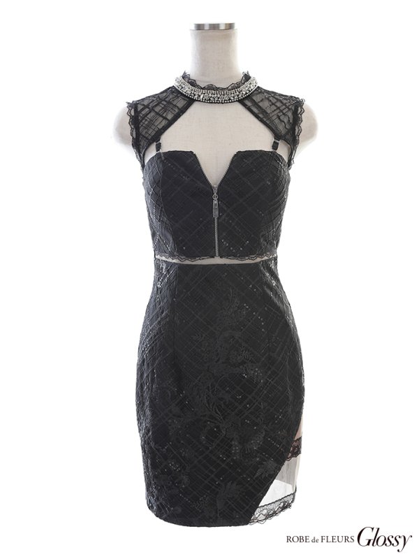 画像8: XSサイズあり【Glossy/グロッシー】リボンラインスリーブ/ 袖付き/ スタッズ/ フロントジップ/ フレア/ ミニドレス/ キャバドレス[OF08]