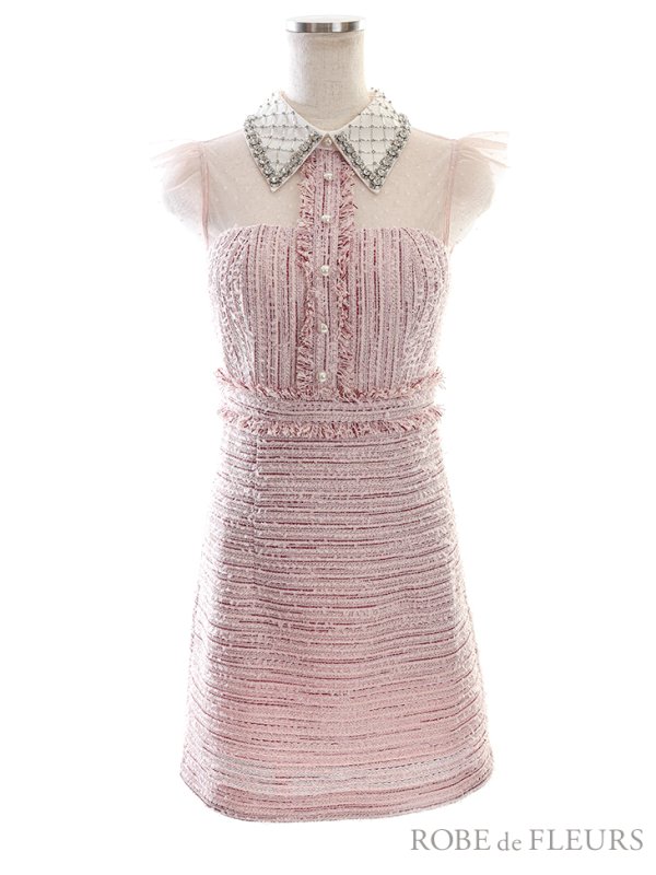 画像8: XSサイズあり【ROBE de FLEURS/ローブドフルール】ラメツイード/ ビジュー/ 襟つき/ 台形スカート/ ミニドレス/ キャバドレス[OF08]