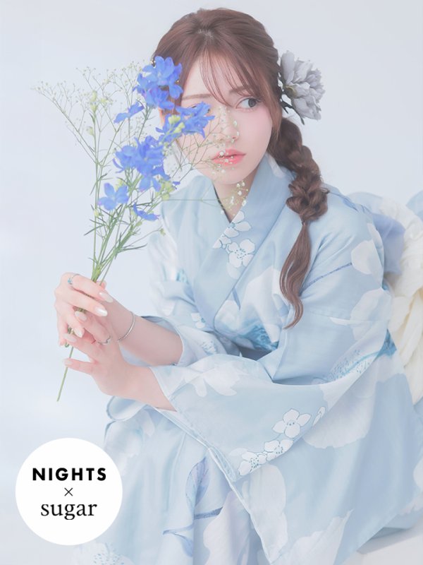 画像1: 【即日発送】【NIGHTS掲載】ブルーホワイトフラワー柄浴衣【浴衣３点セット 浴衣/帯/下駄】[YMT]