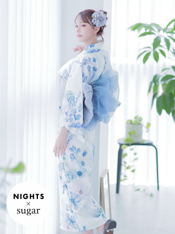 画像2: 【即日発送】【NIGHTS掲載】瑠璃色ビオラブーケ浴衣【浴衣３点セット 浴衣/帯/下駄】[YMT]