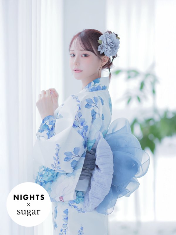 画像1: 【即日発送】【NIGHTS掲載】瑠璃色ビオラブーケ浴衣【浴衣３点セット 浴衣/帯/下駄】[YMT]
