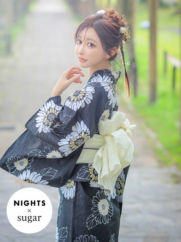 画像1: 【即日発送】【NIGHTS掲載】向日葵柄黒色浴衣【浴衣３点セット 浴衣/帯/下駄】[YMT]